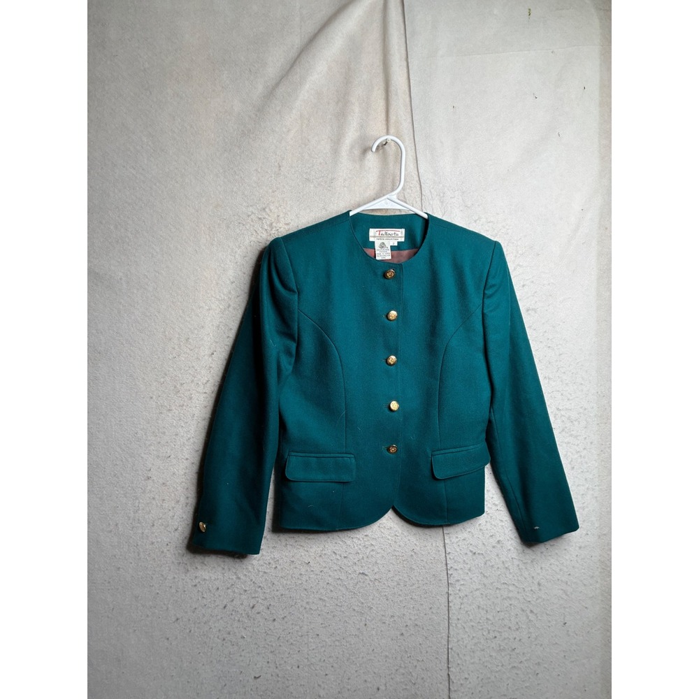 VTG Talbots Petite Pure Wool Blazer Teal Green Gold Button Collarless Jacket 2P